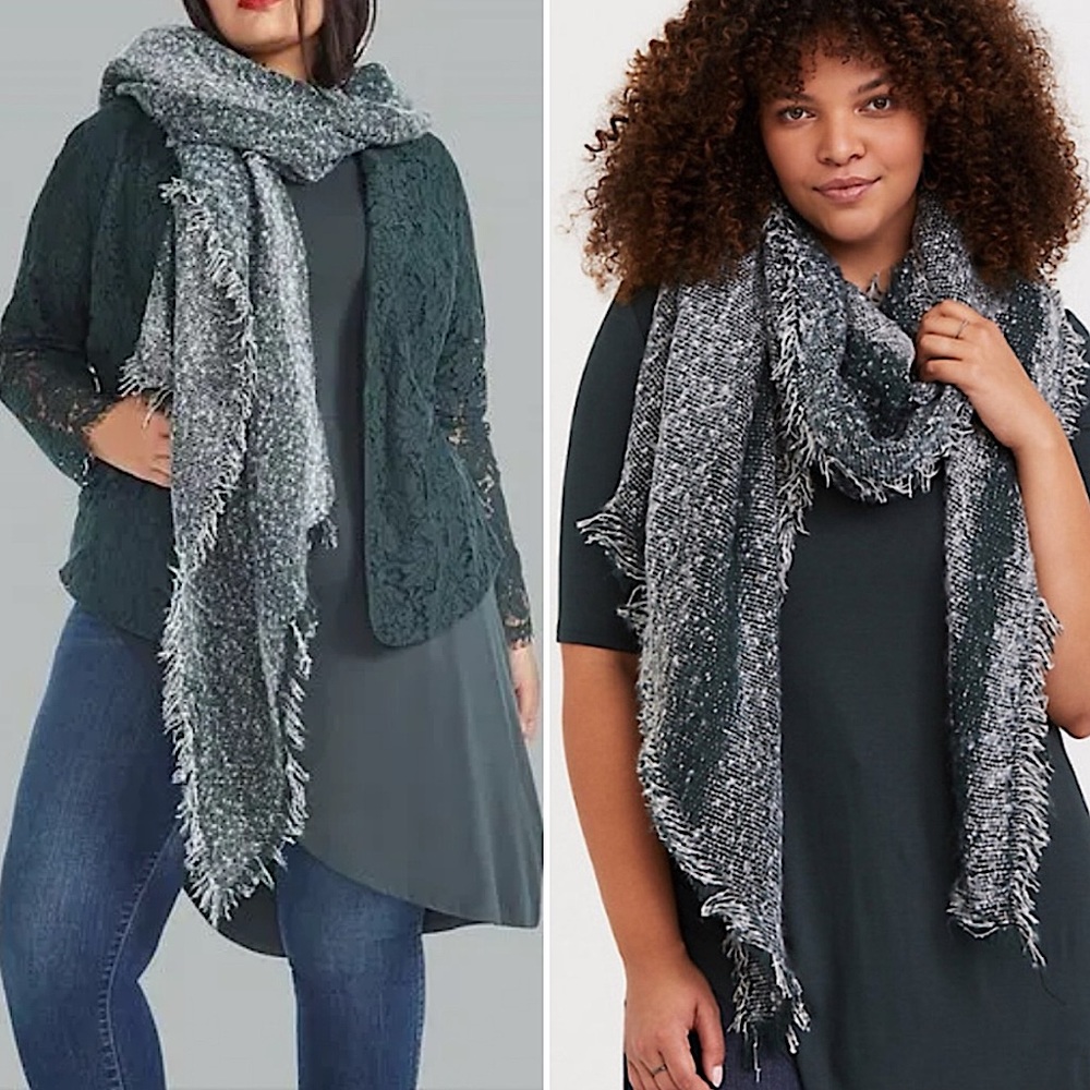 TORRID Green/White Marled Fringe Long Warm Bias Cut Scarf Wrap